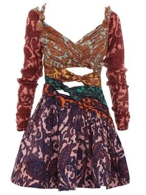 ZIMMERMANN Tiggy Cutout Bow Mixed Pattern Mini Dress Size 4